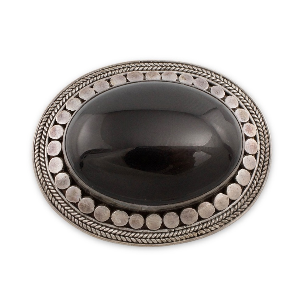 Vintage Sterling Silver Black Glass Brooch Large Oval Cabochon